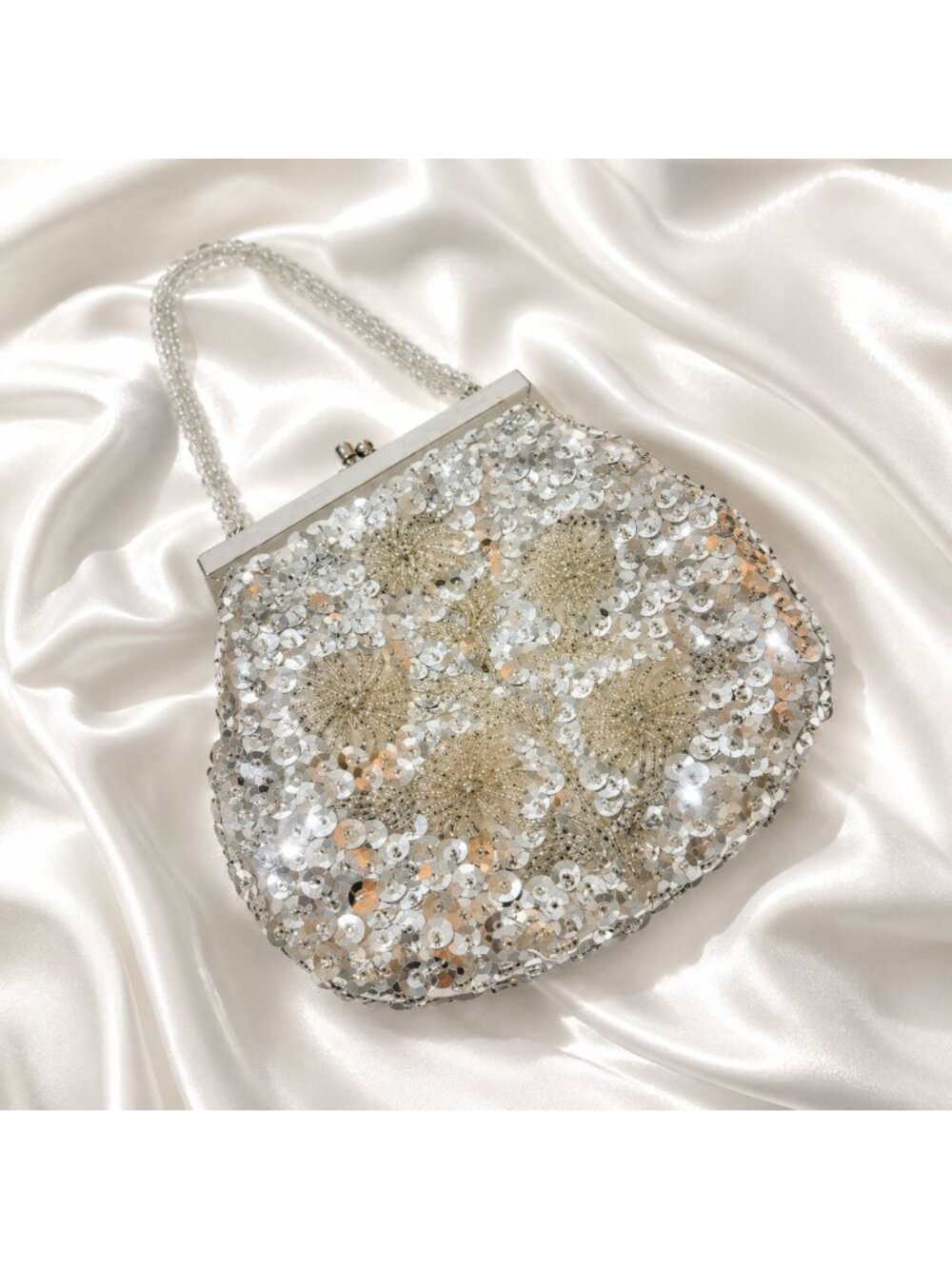 Vintage Safran Silver Sequin Beaded Evening Bag Hong Kong Cocktail Purse NYE